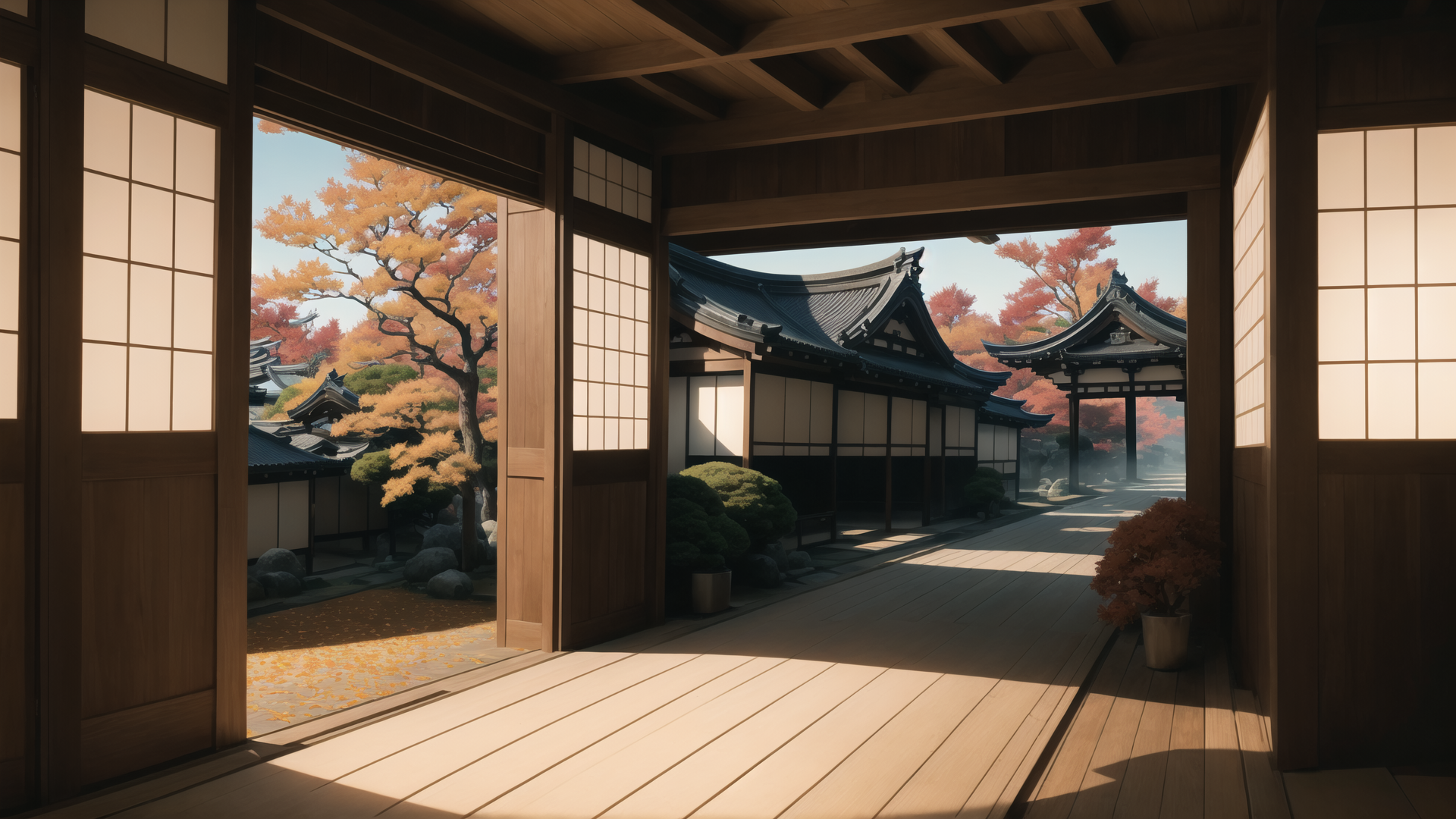 AI generated wallpaper featuring japanese, house, garden, tree