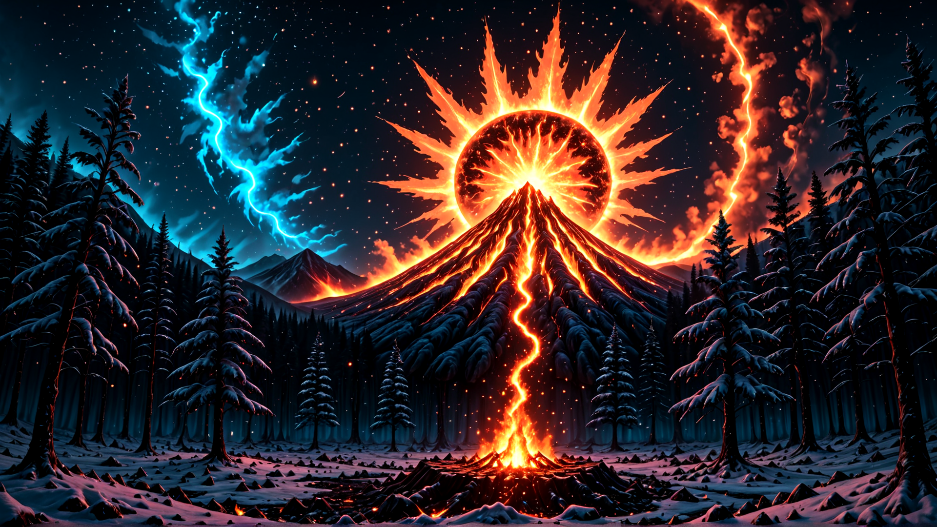 AI generated wallpaper featuring volcano, forest, mountain, trees, sun, stars, snow, lightning, sky, lava
