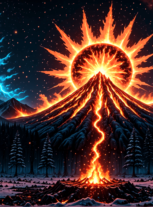 volcano, forest, mountain, trees, sun, stars, snow, lightning, sky, lava