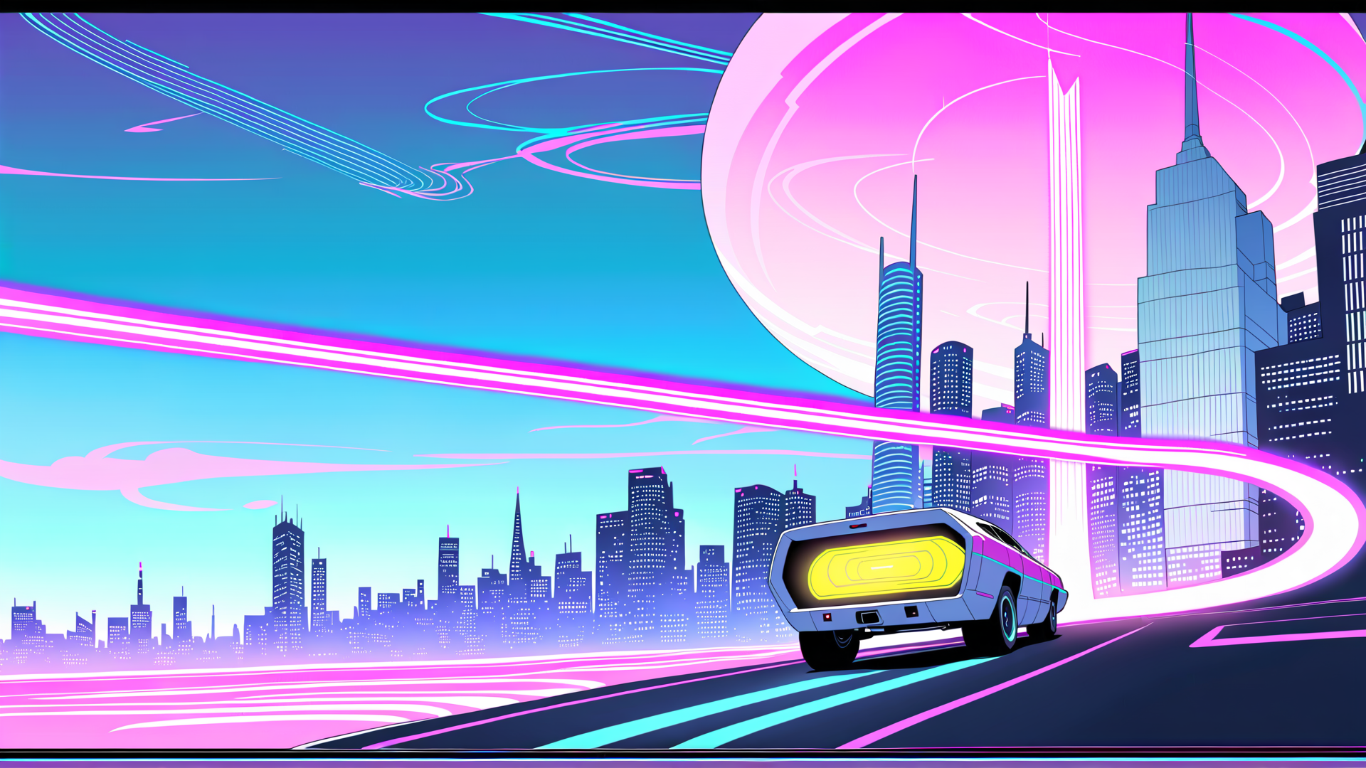 AI generated wallpaper featuring car, cityscape, neon