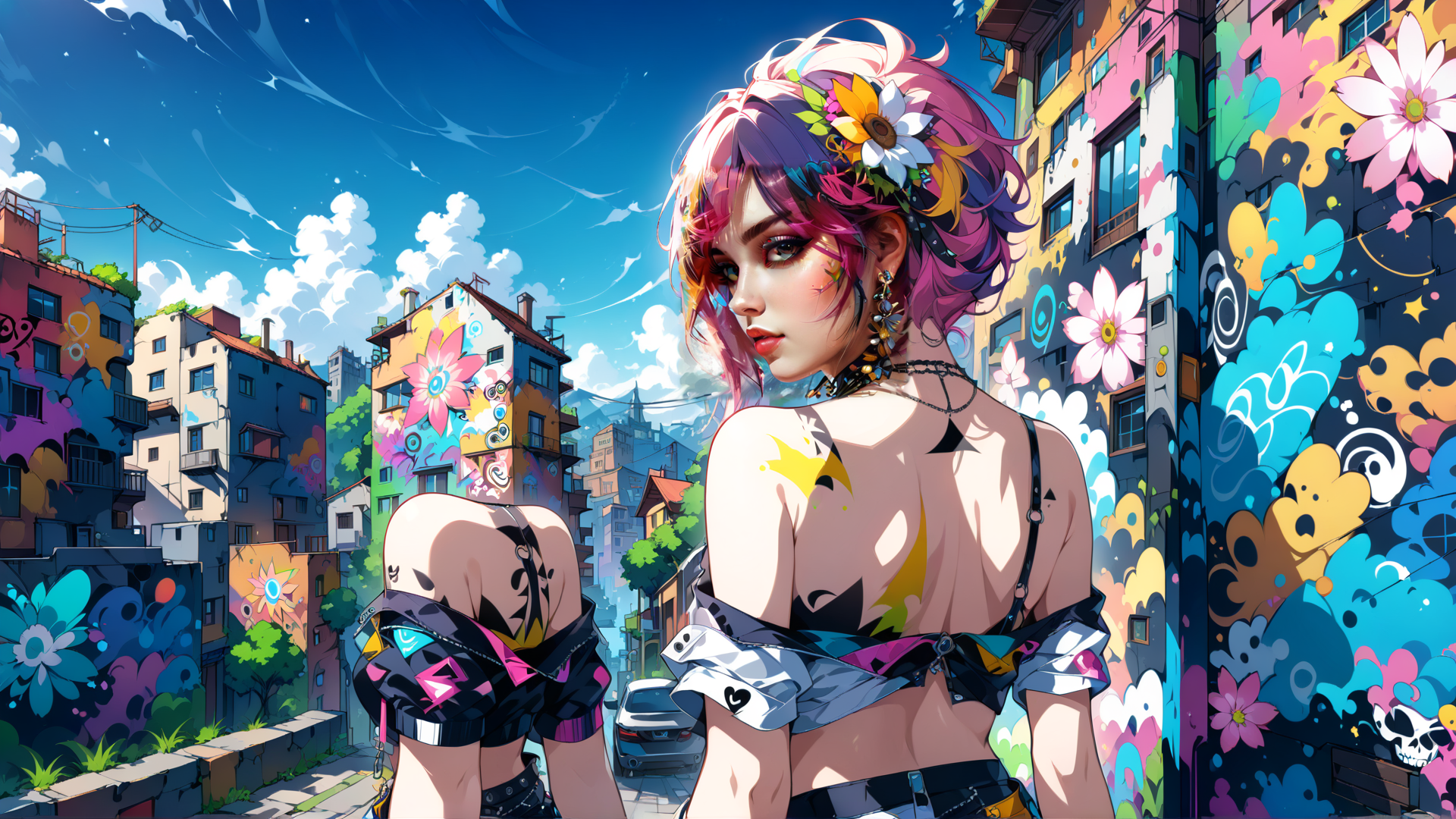 AI generated wallpaper featuring woman, street, graffiti