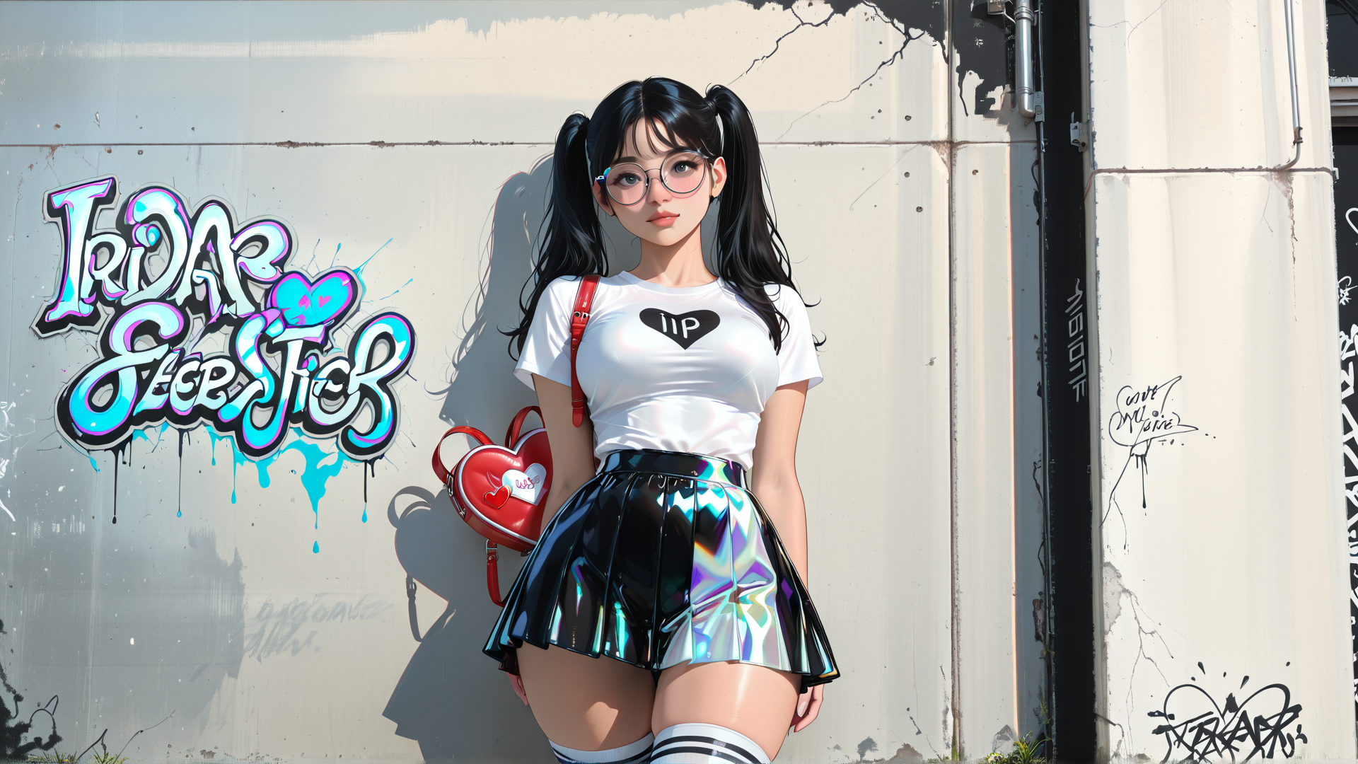 AI generated wallpaper featuring girl, puzzle, sleeveless, sleeveless, glasses, bunny, sweater, shoe, heart, skirt