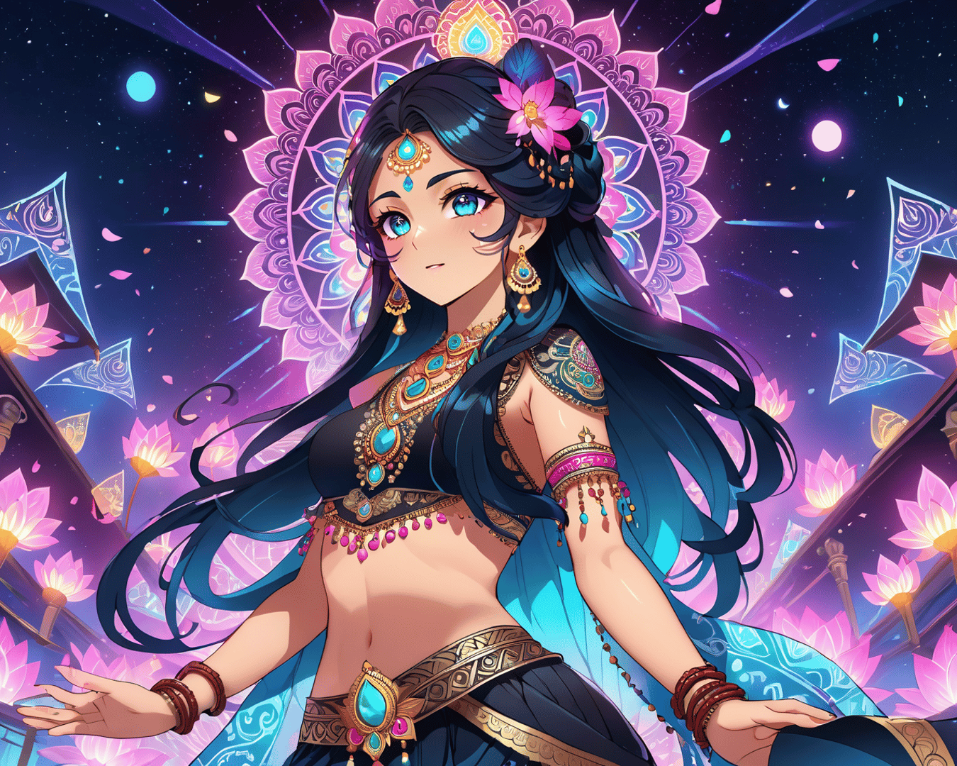 AI generated wallpaper featuring woman, lotus, goddess