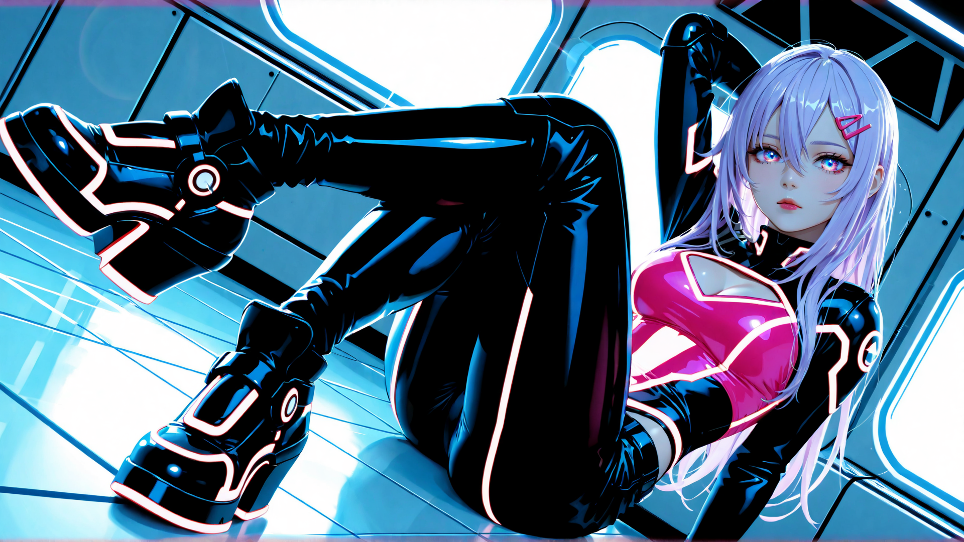 AI generated wallpaper featuring cyberpunk, anime, girl, neon, robot, fashion, leg, boot, hair, suit