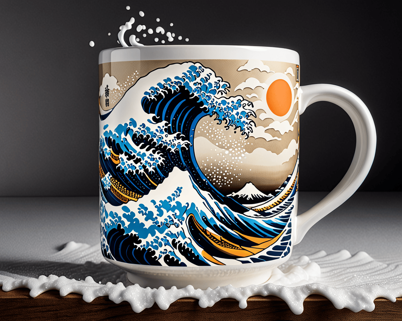 AI generated wallpaper featuring mug, wave, sun