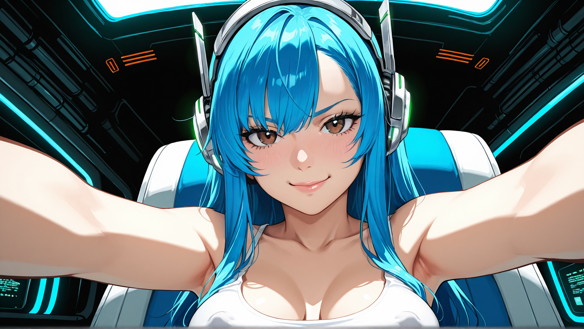AI generated wallpaper featuring girl, cyberpunk, pilot, headphones, hair, spacesuit, arms, seat, technology, glasses