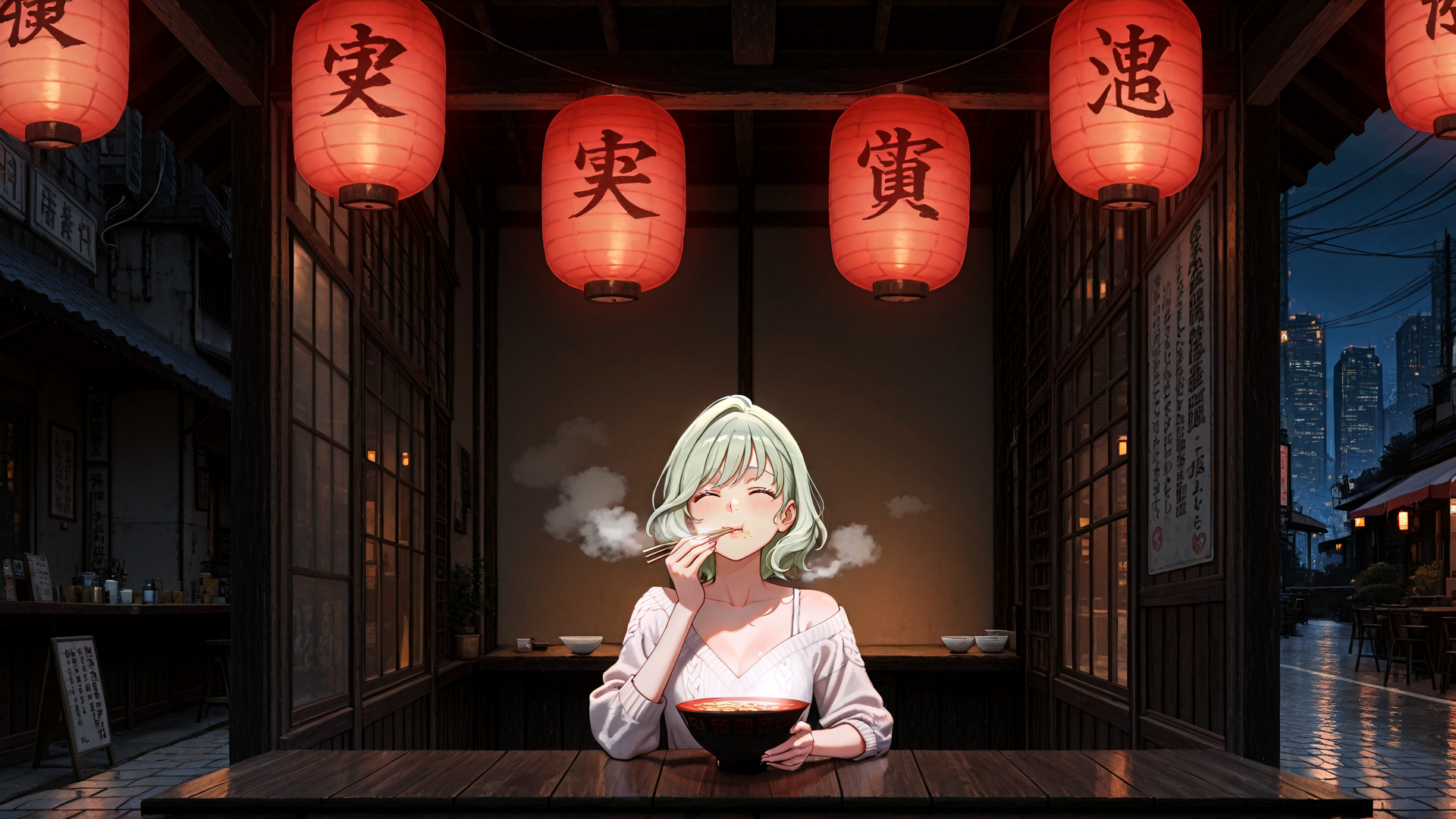 AI generated wallpaper featuring woman, lantern, noodle, street, building, chopsticks, bowl, city, sign, smoke