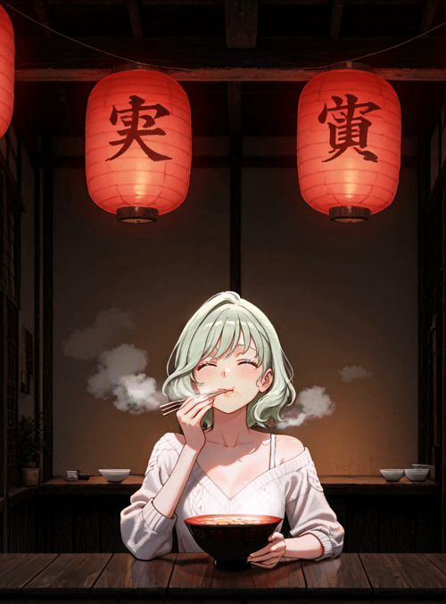 woman, lantern, noodle, street, building, chopsticks, bowl, city, sign, smoke