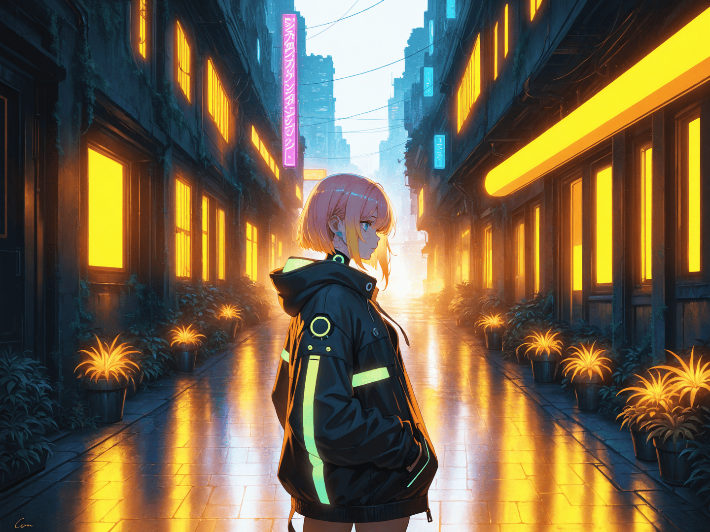 AI generated wallpaper featuring girl, alley, city