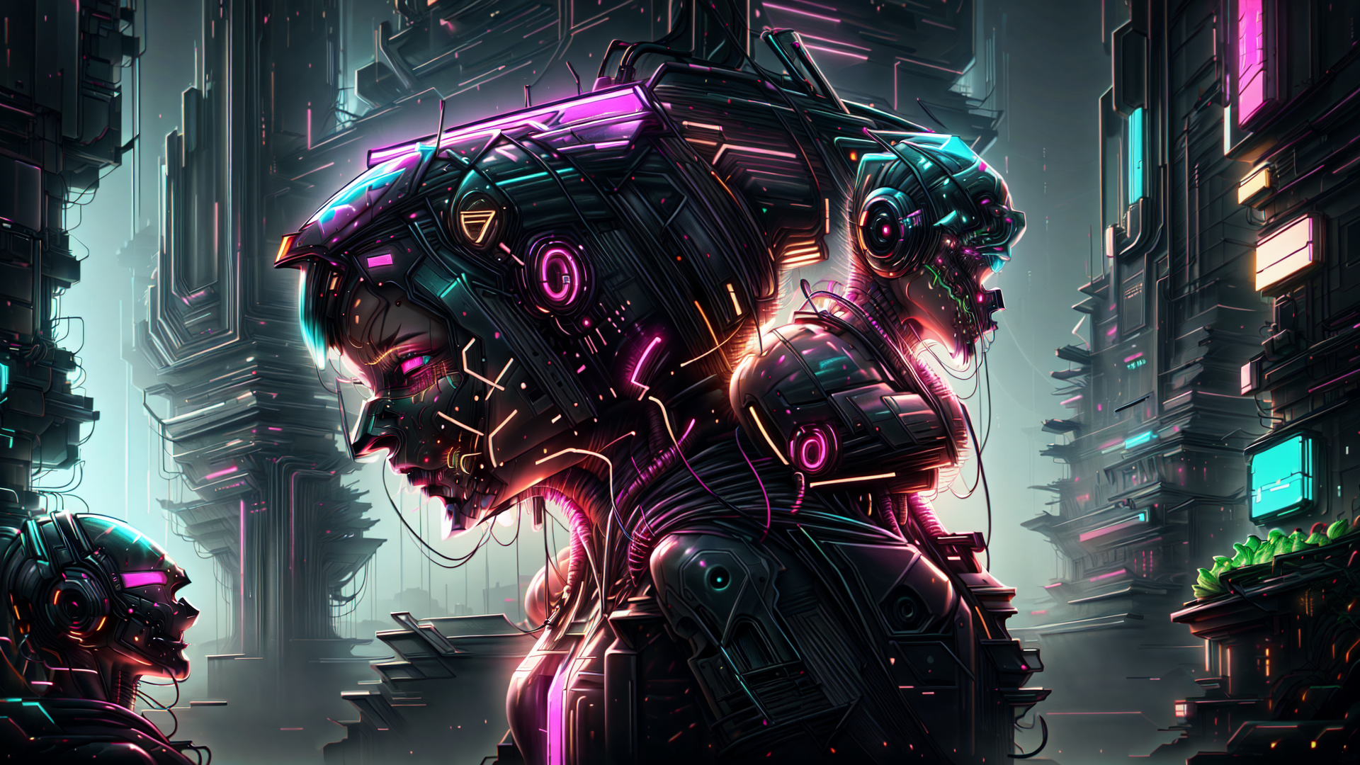AI generated wallpaper featuring cyborg, robot, neon, cityscape, futurism