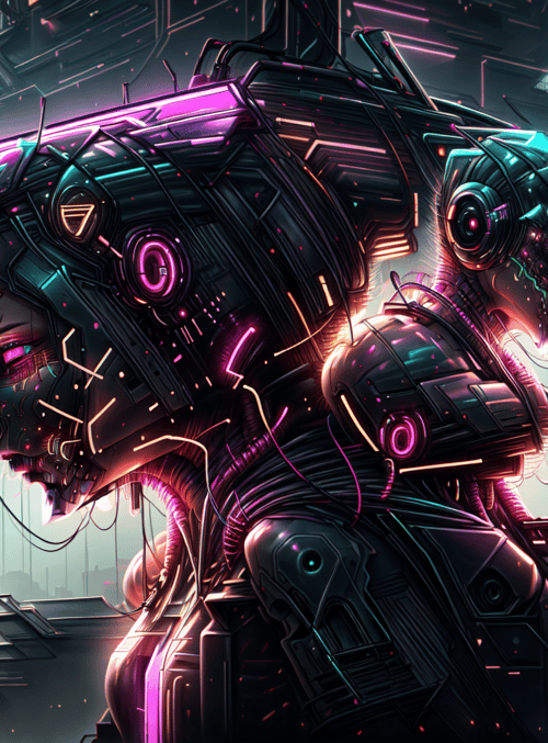 cyborg, robot, neon, cityscape, futurism