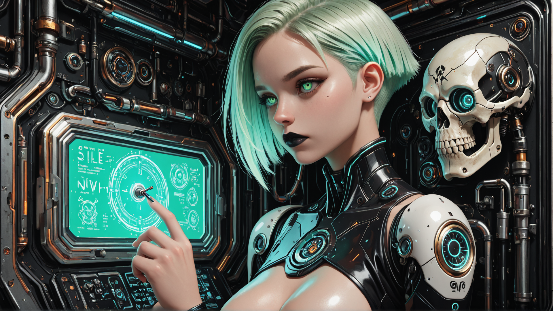 AI generated wallpaper featuring cyborg, woman, skull, screen, interface