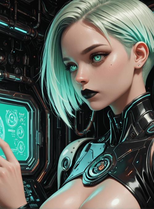 cyborg, woman, skull, screen, interface