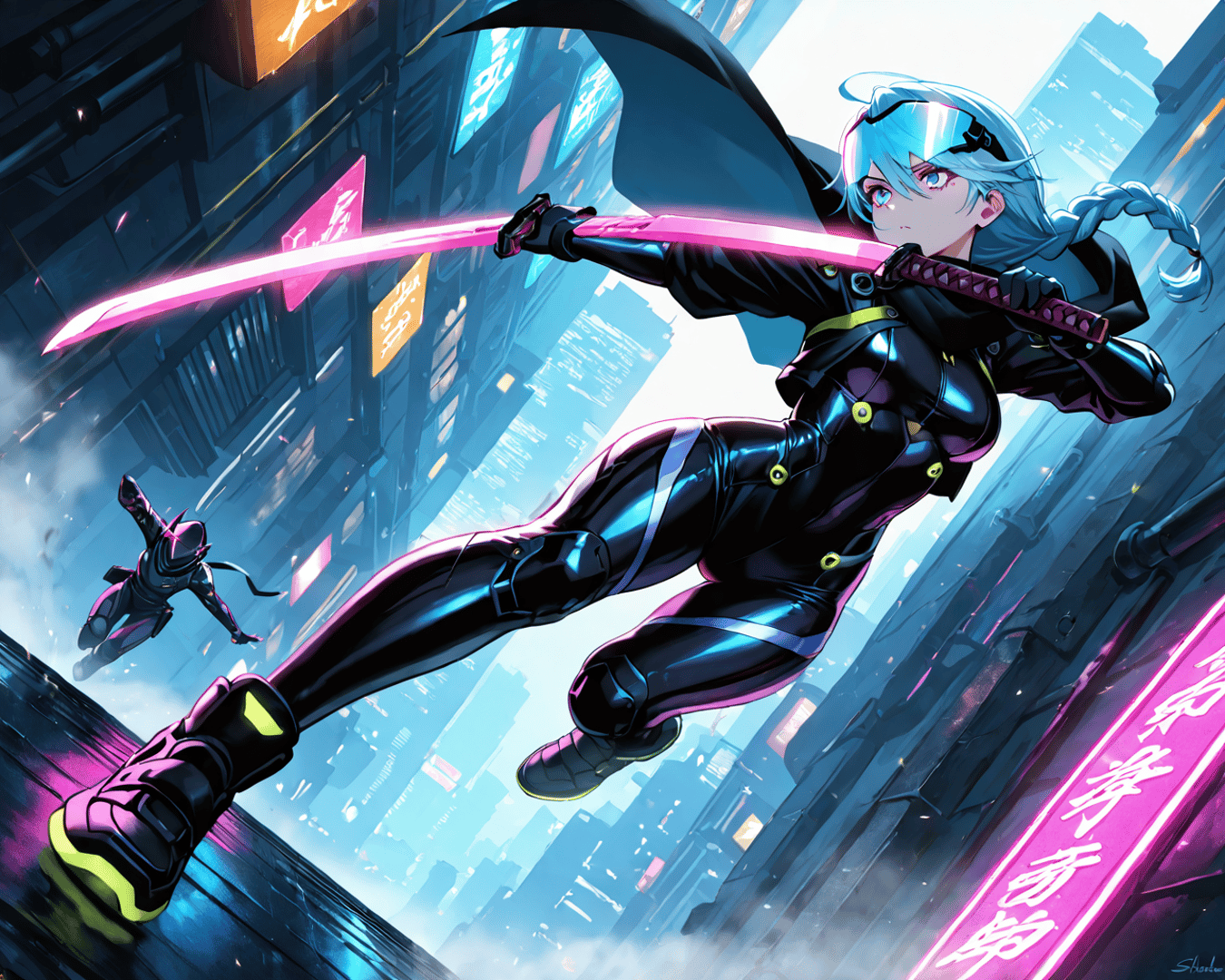 AI generated wallpaper featuring anime character, swordsman, cyberpunk city