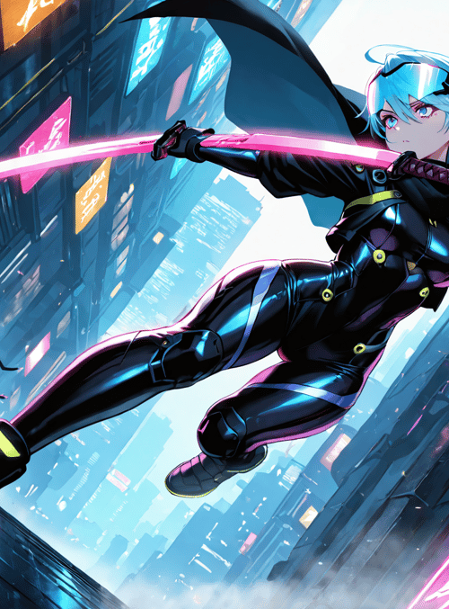 anime character, swordsman, cyberpunk city