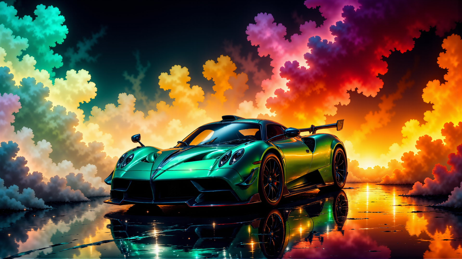AI generated wallpaper featuring sports car, car, super car, reflection, clouds