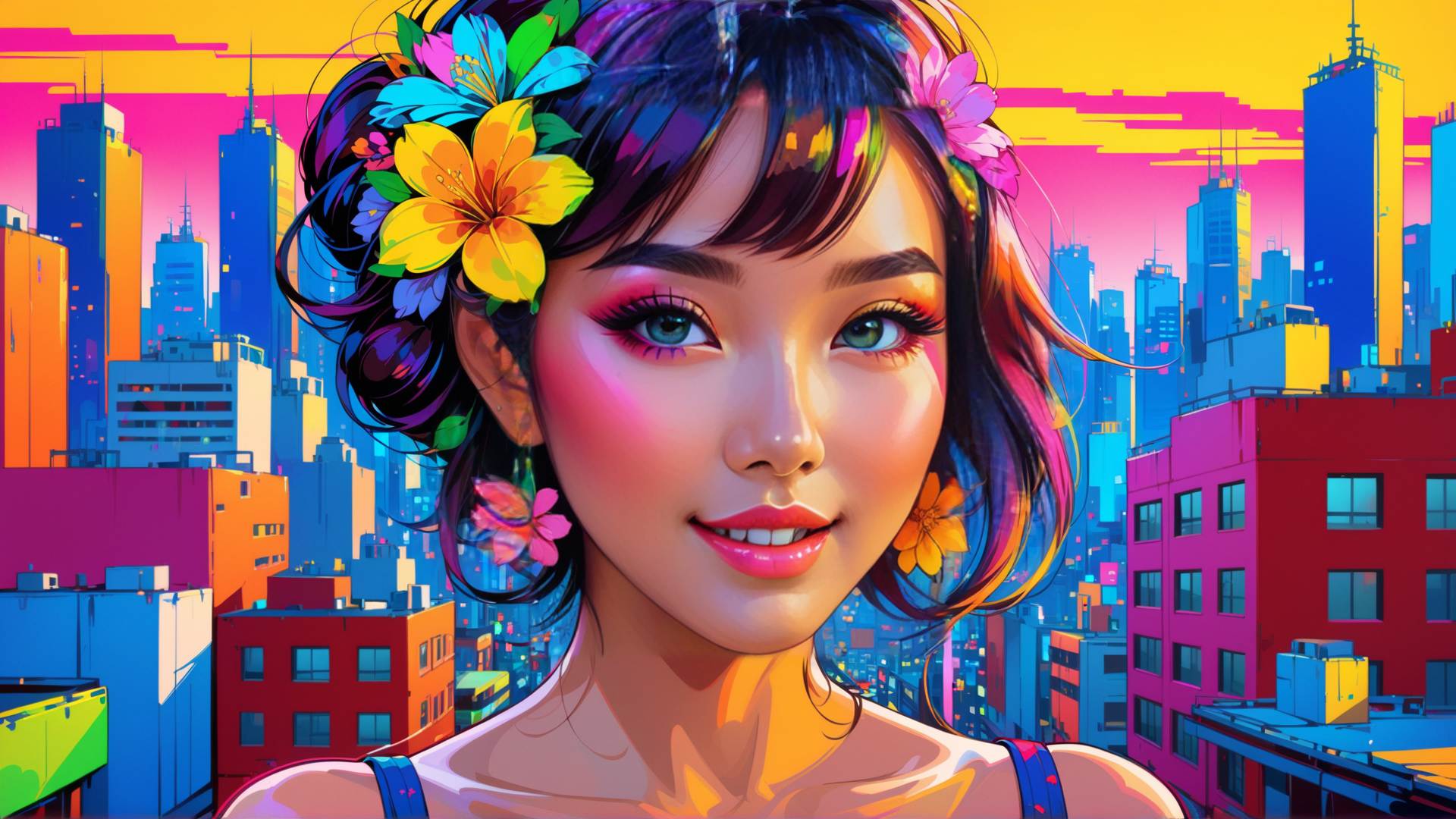 AI generated wallpaper featuring woman, cityscape, flowers