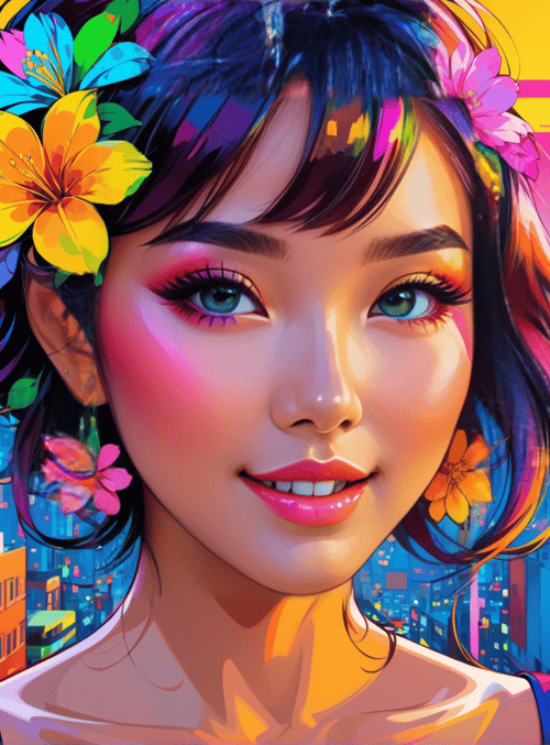 woman, cityscape, flowers