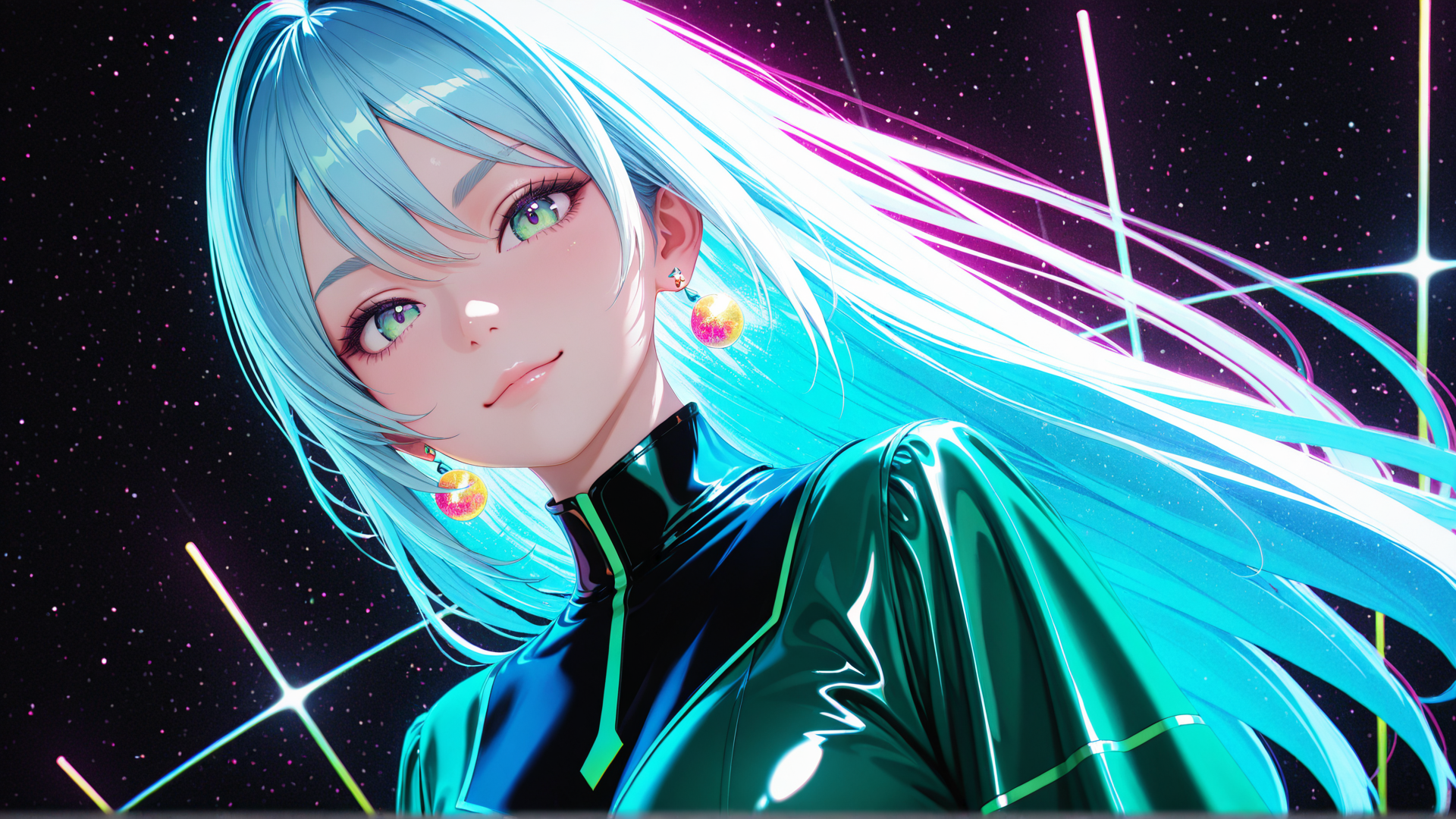 AI generated wallpaper featuring anime girl, space background, neon lights, glowing hair, earrings