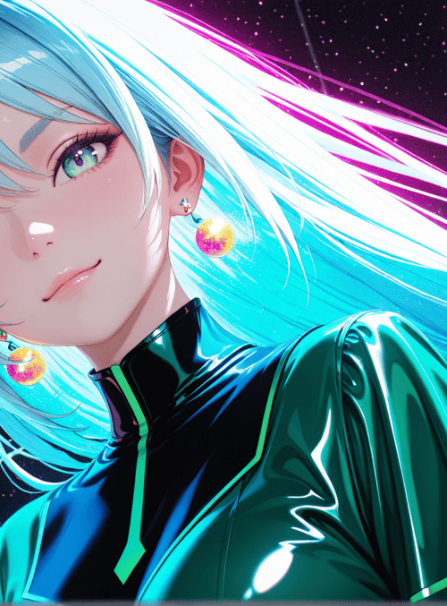 anime girl, space background, neon lights, glowing hair, earrings