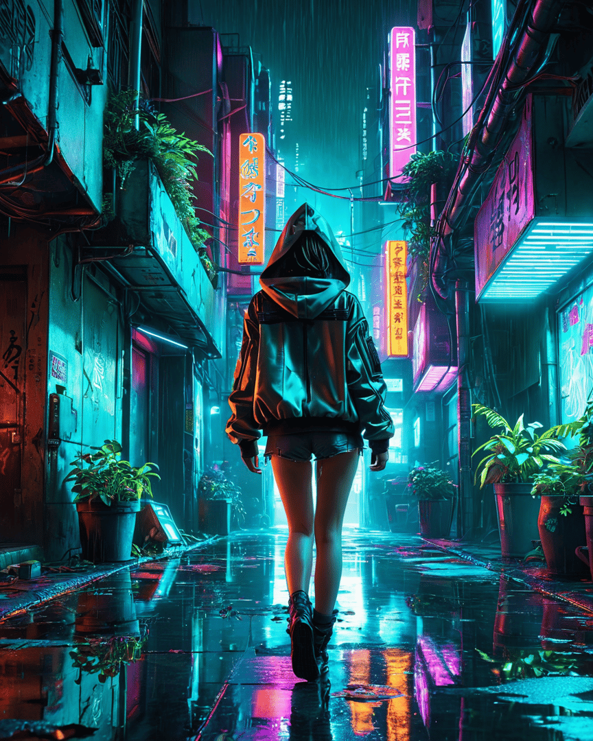 AI generated wallpaper featuring person, street, neon