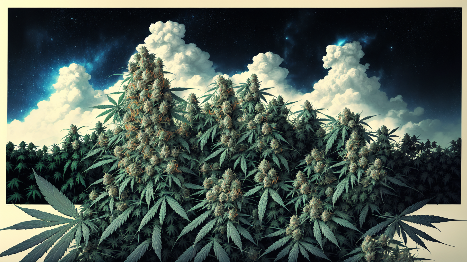 AI generated wallpaper featuring cannabis, plants, buds, leaves, sky, clouds, galaxy, stars, vegetation, nature