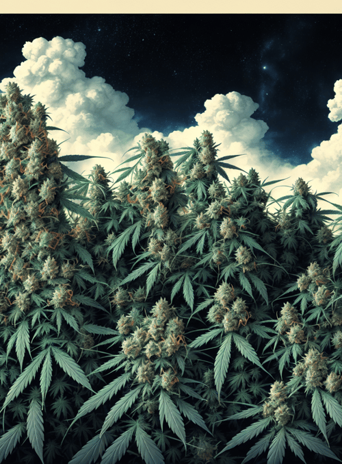 cannabis, plants, buds, leaves, sky, clouds, galaxy, stars, vegetation, nature