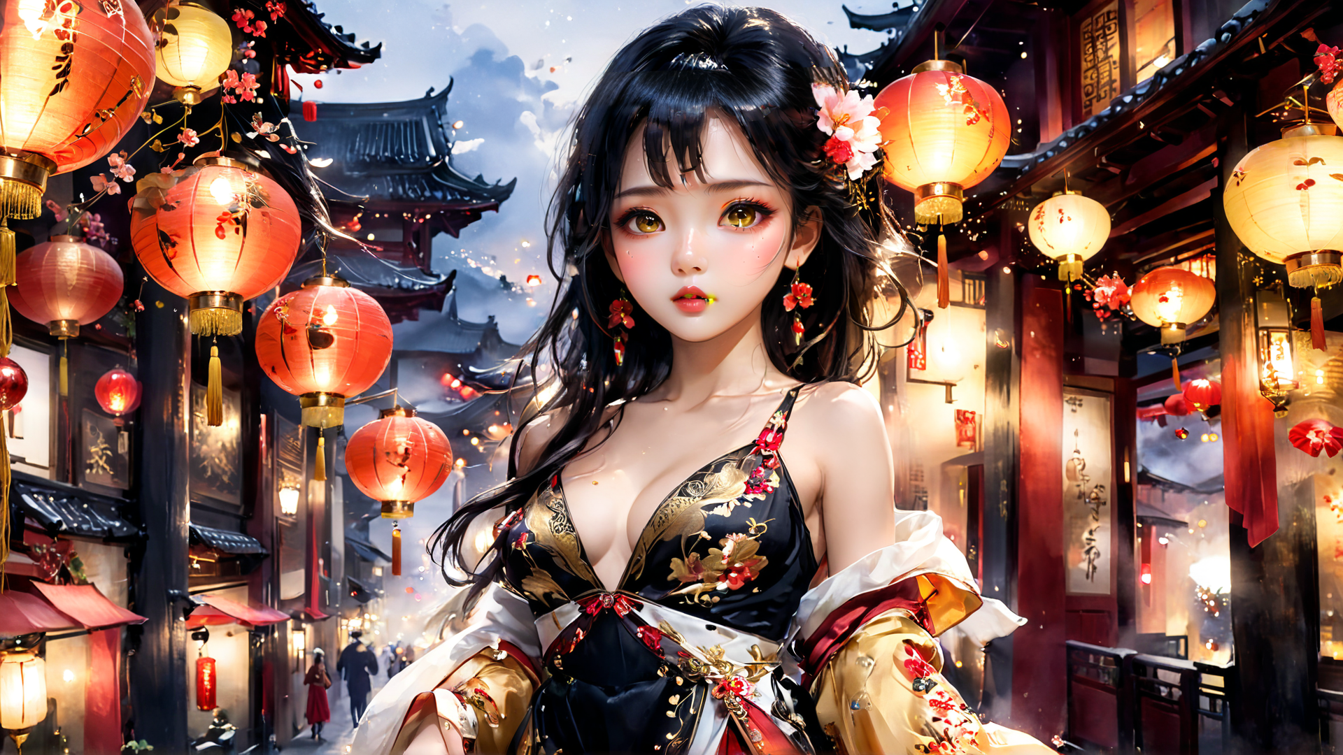 AI generated wallpaper featuring woman, lanterns, traditional dress