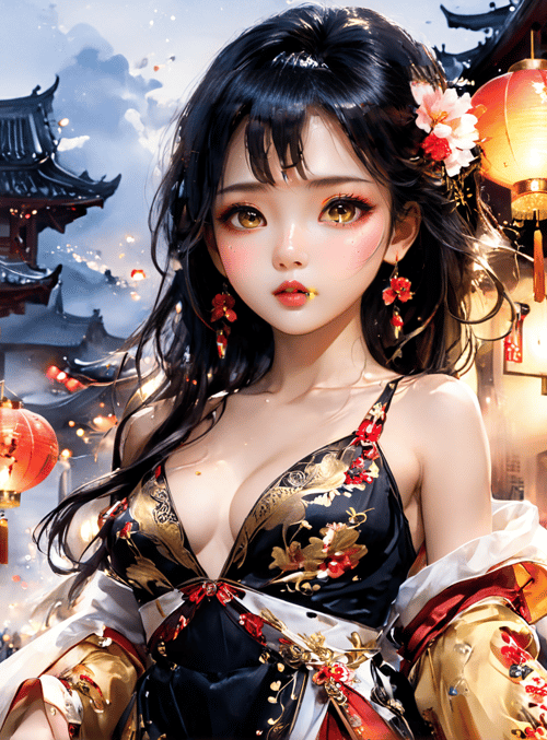 woman, lanterns, traditional dress