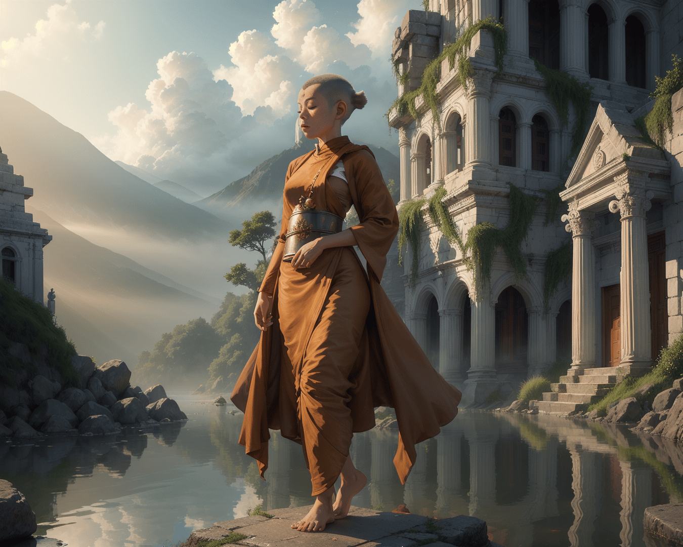 AI generated wallpaper featuring monk, ancient ruins, river