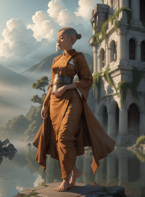 monk, ancient ruins, river