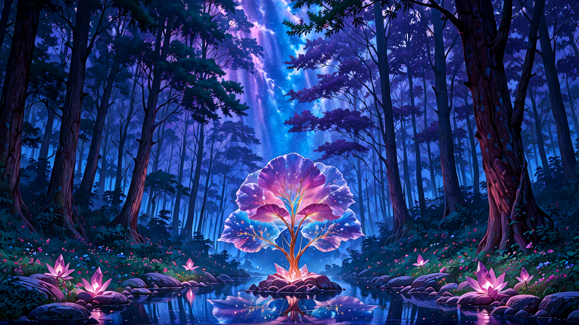 AI generated wallpaper featuring tree, forest, water, flowers, lily, stars, sky, plants, rocks, moon