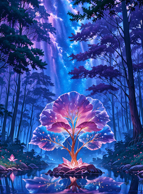 tree, forest, water, flowers, lily, stars, sky, plants, rocks, moon