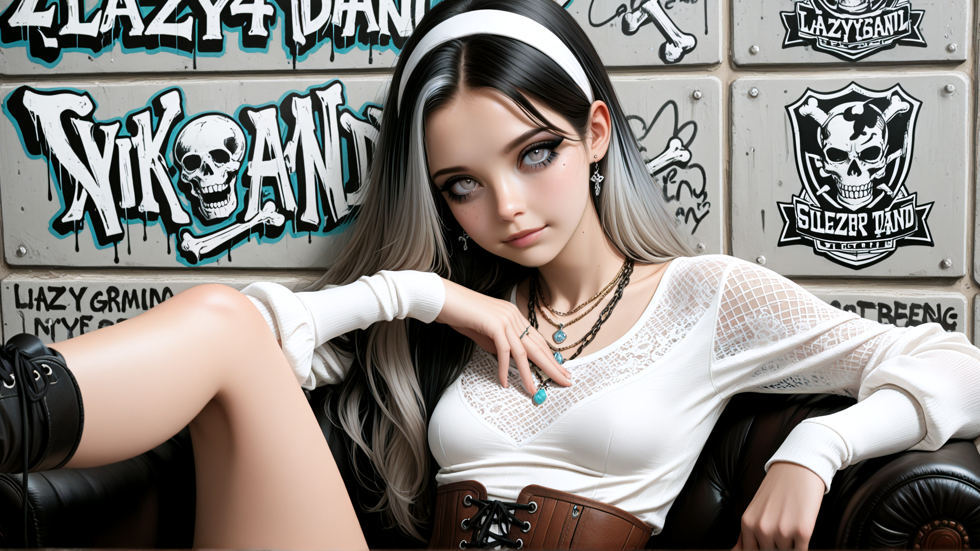 AI generated wallpaper featuring girl, skull, graffiti, band, headband, choker, boots, belt, sweater, chain