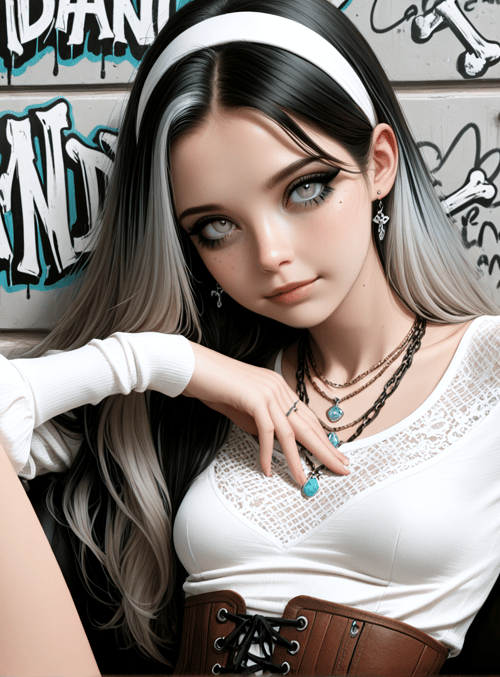 girl, skull, graffiti, band, headband, choker, boots, belt, sweater, chain