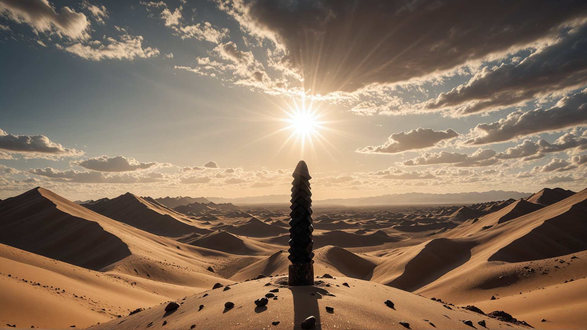 AI generated wallpaper featuring sunset, desert, sand dunes, stone monument, sun, clouds, mountains, rocks