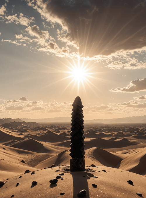 sunset, desert, sand dunes, stone monument, sun, clouds, mountains, rocks