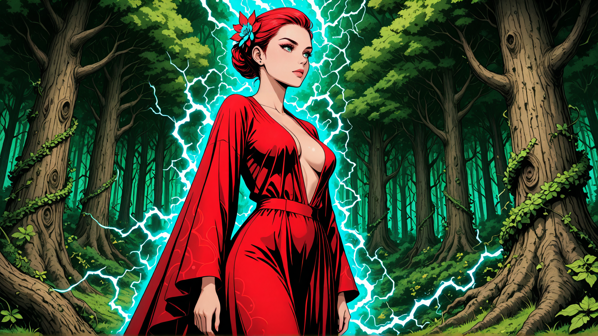 AI generated wallpaper featuring woman, forest, lightning, tree, dress, flower, garden, nature, magic, sorceress