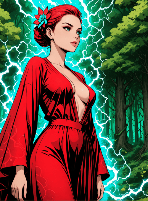 woman, forest, lightning, tree, dress, flower, garden, nature, magic, sorceress