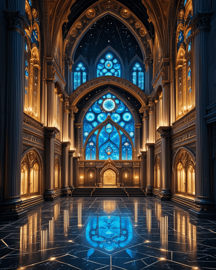 AI generated wallpaper featuring church, stained glass, cathedral, marble floor, arched ceiling, columns, window, altar, mosaic, light