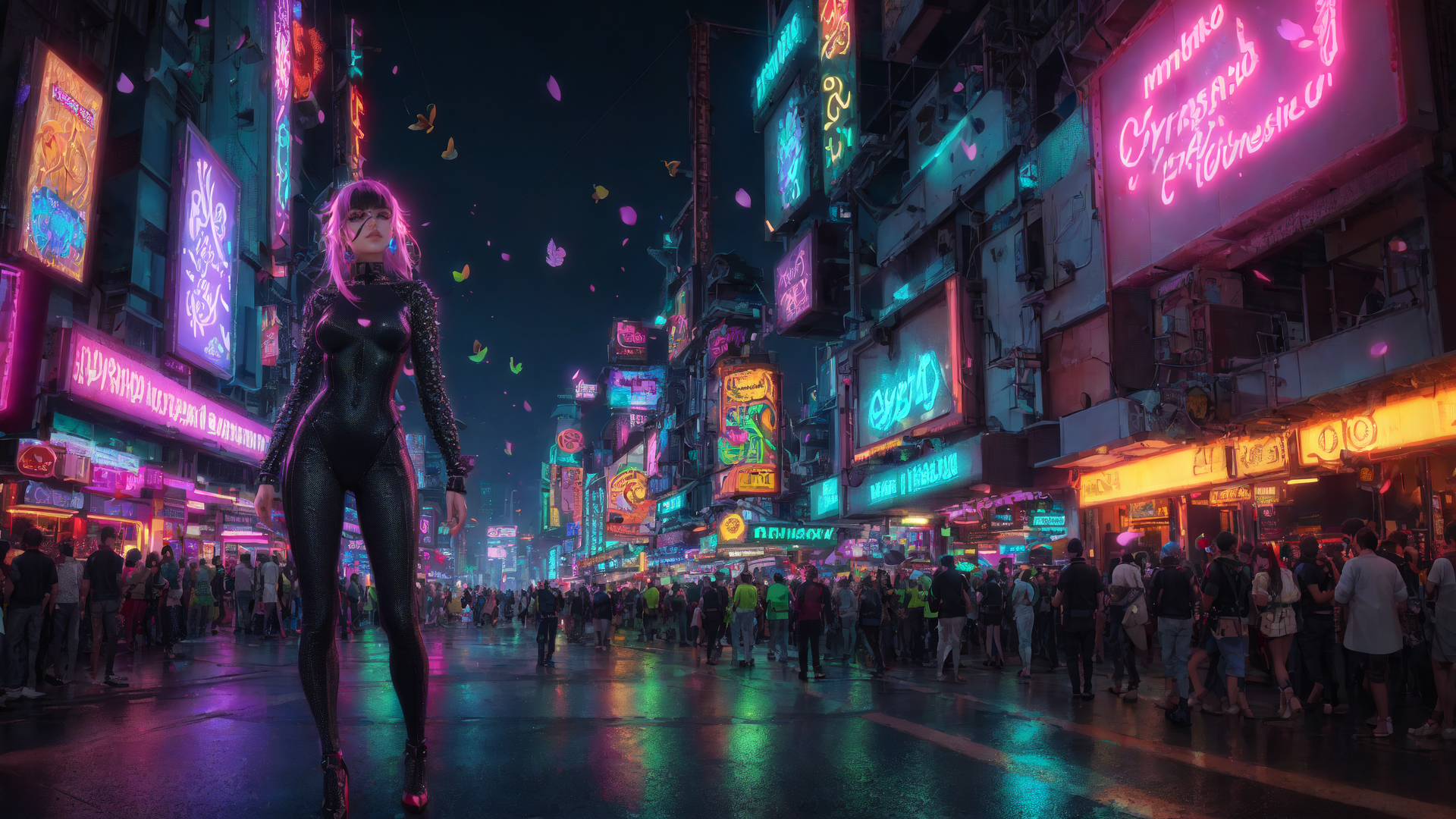 AI generated wallpaper featuring cyberpunk, woman, city