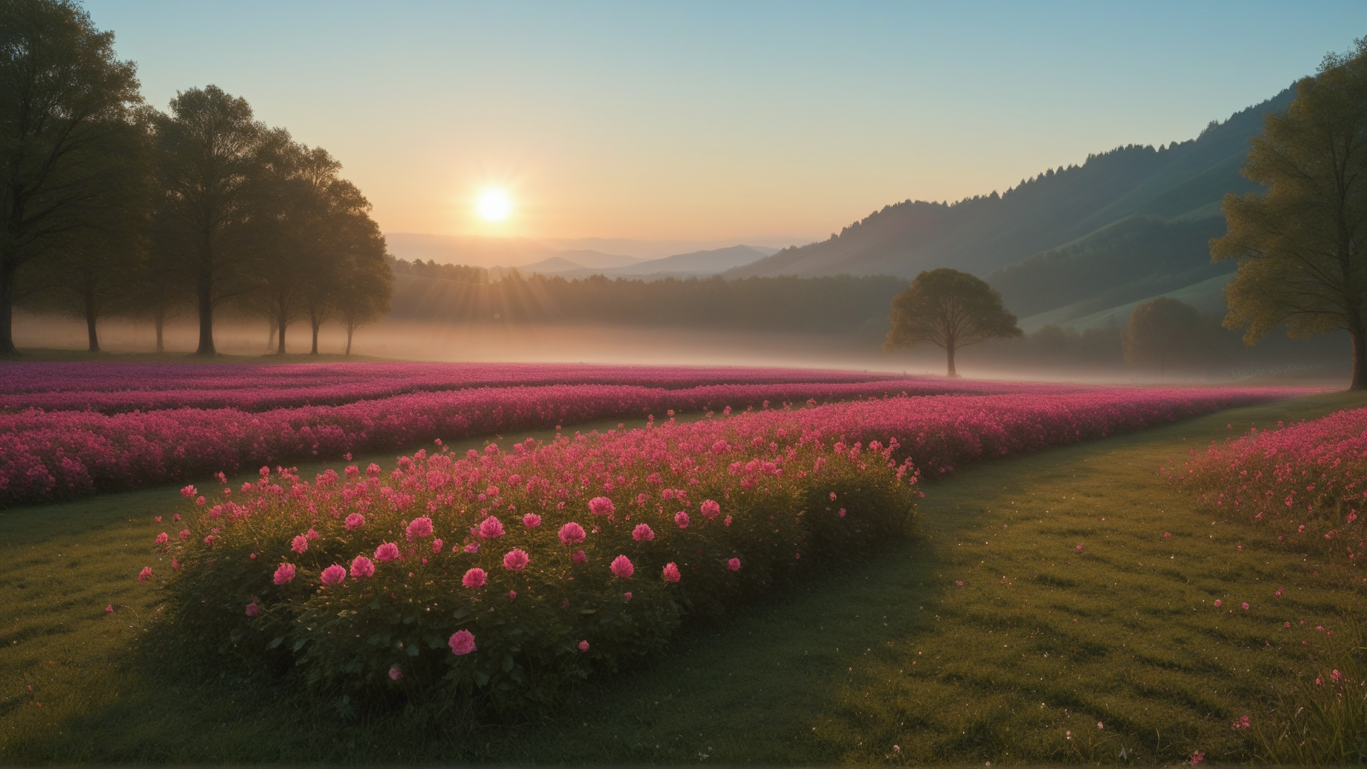AI generated wallpaper featuring sun, flowers, trees, field, mountains, grass, fog, sky, sunlight, landscape