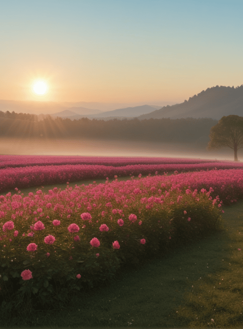 sun, flowers, trees, field, mountains, grass, fog, sky, sunlight, landscape