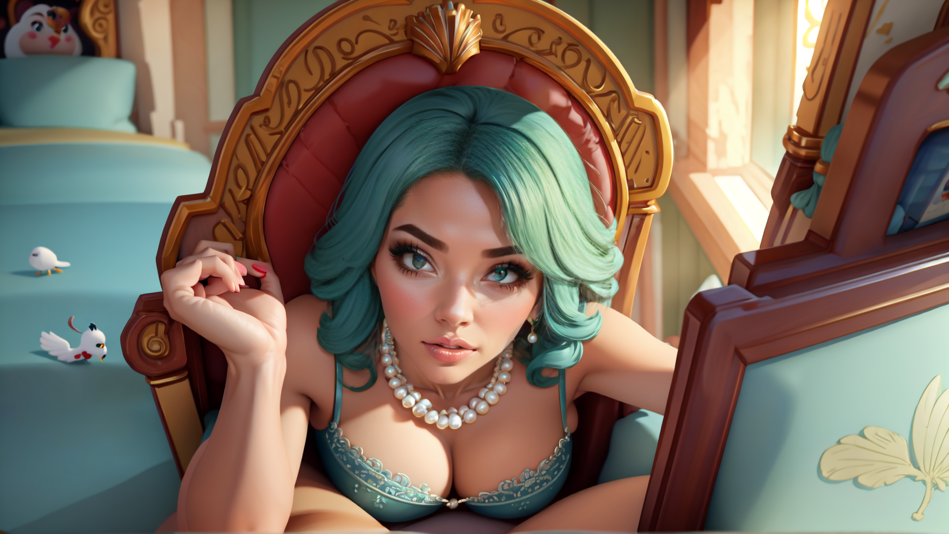 AI generated wallpaper featuring woman, bed, mirror