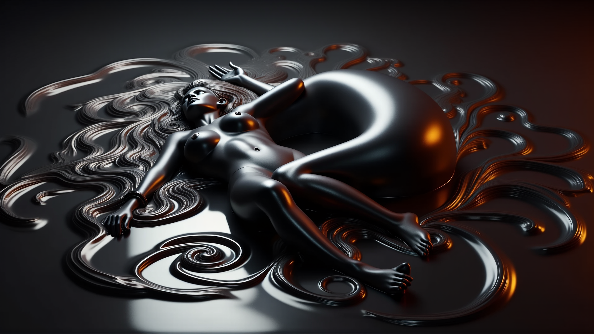 AI generated wallpaper featuring woman, liquid, curves, figure, flow