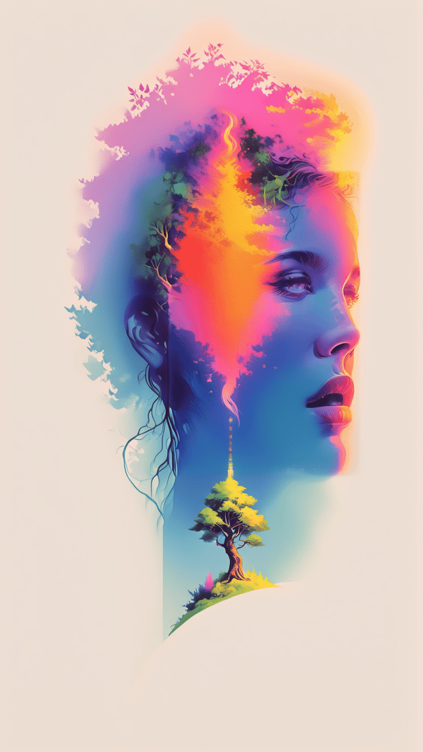 AI generated wallpaper featuring face, tree, nature, silhouette, plants