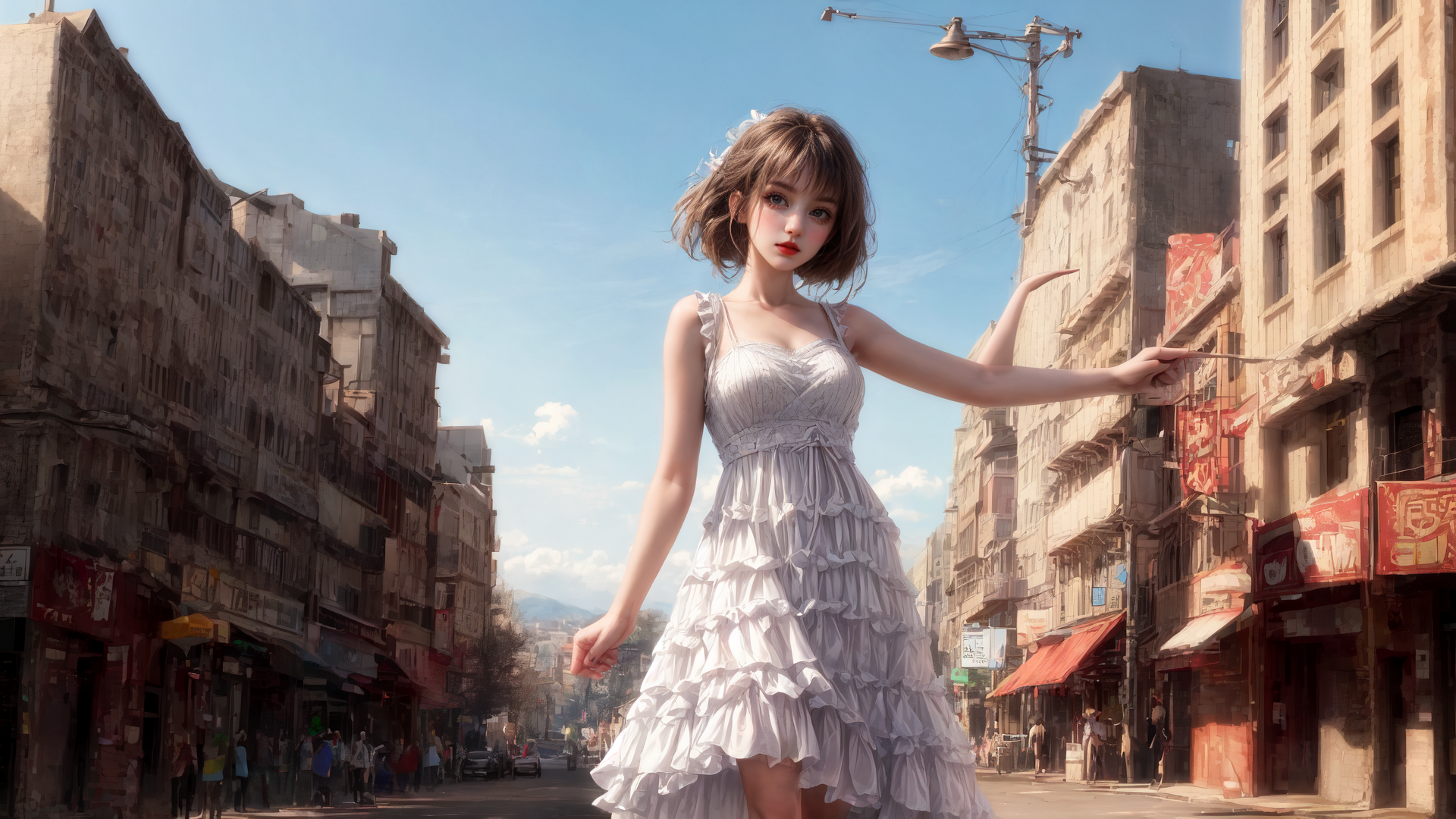 AI generated wallpaper featuring woman, dress, street