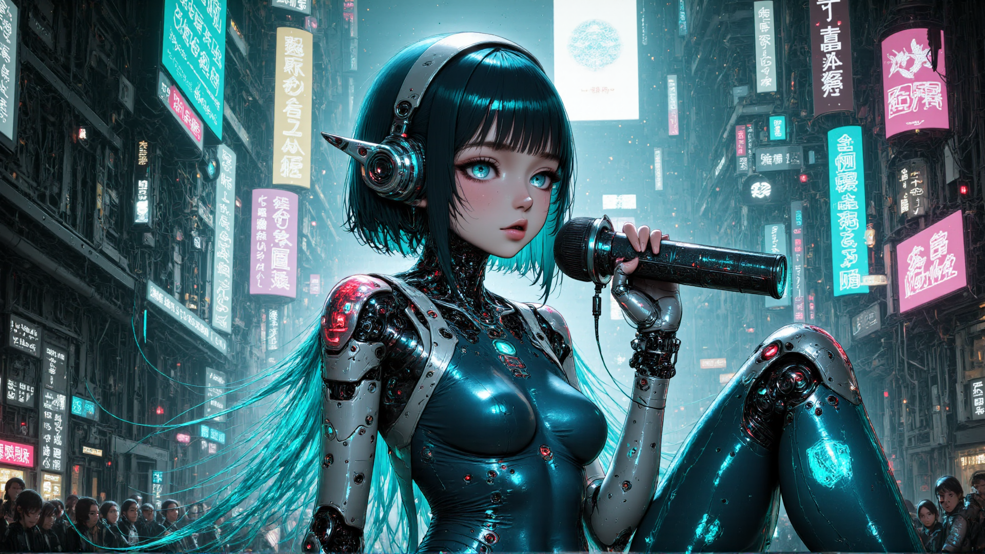 AI generated wallpaper featuring robot, microphone, cityscape, neon, signboard, cyberpunk, female, mechanical, singer, headphone