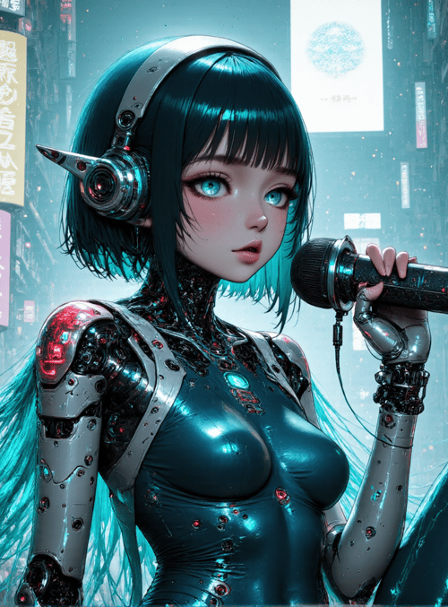 robot, microphone, cityscape, neon, signboard, cyberpunk, female, mechanical, singer, headphone