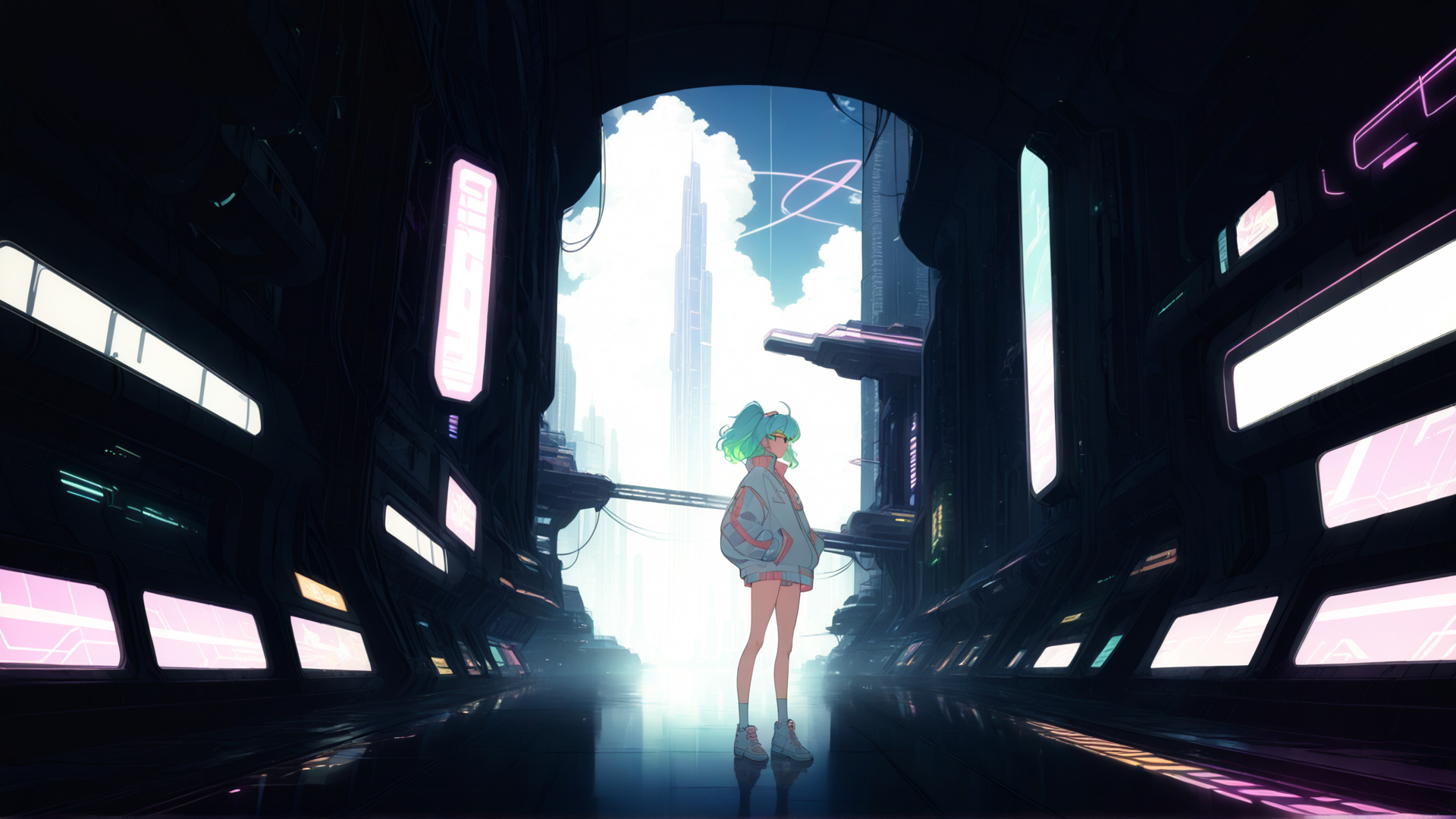 AI generated wallpaper featuring girl, cityscape, futuristic
